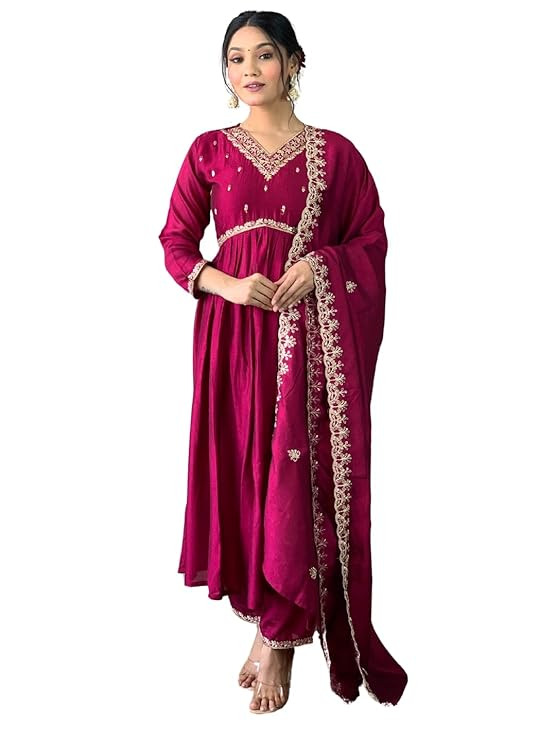 Elegant Wine Embroidered V‑Neck Kurta Set with Dupatta