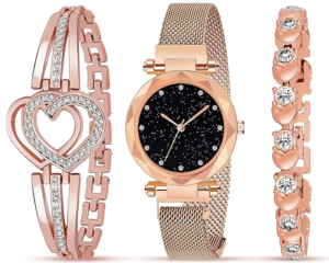 Acnos Black Dial Magnet Watch Combo for Women